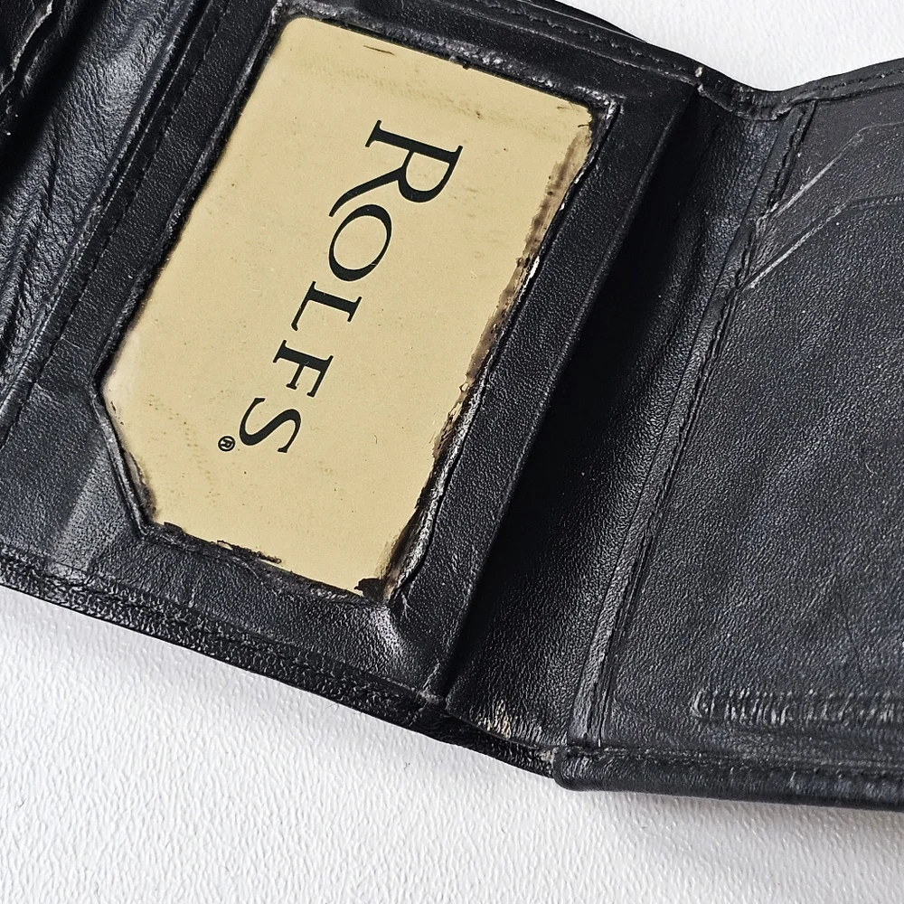 Vintage 80s Rolfs Soft Genuine Leather Black Trifold Wallet Men’s ID Window